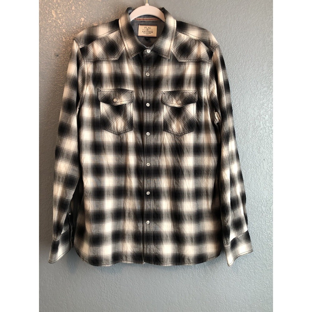 Flag & Anthem Flannel Shirt Large Plaid Black Button Up‎ Preppy Cowboy Academia